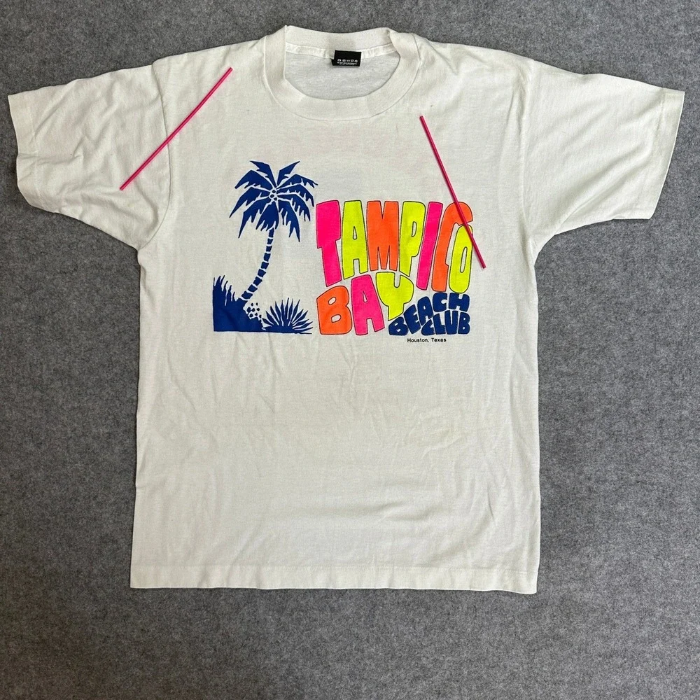Screen Stars Tampico Bay Beach Club T-Shirt Large White Vintage Lifeguard‎ Tee